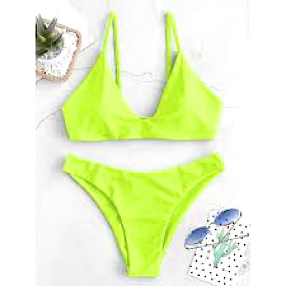 😎 New Zaful Neon Bright Lime Bikini Set Bathingsuit 4 Small